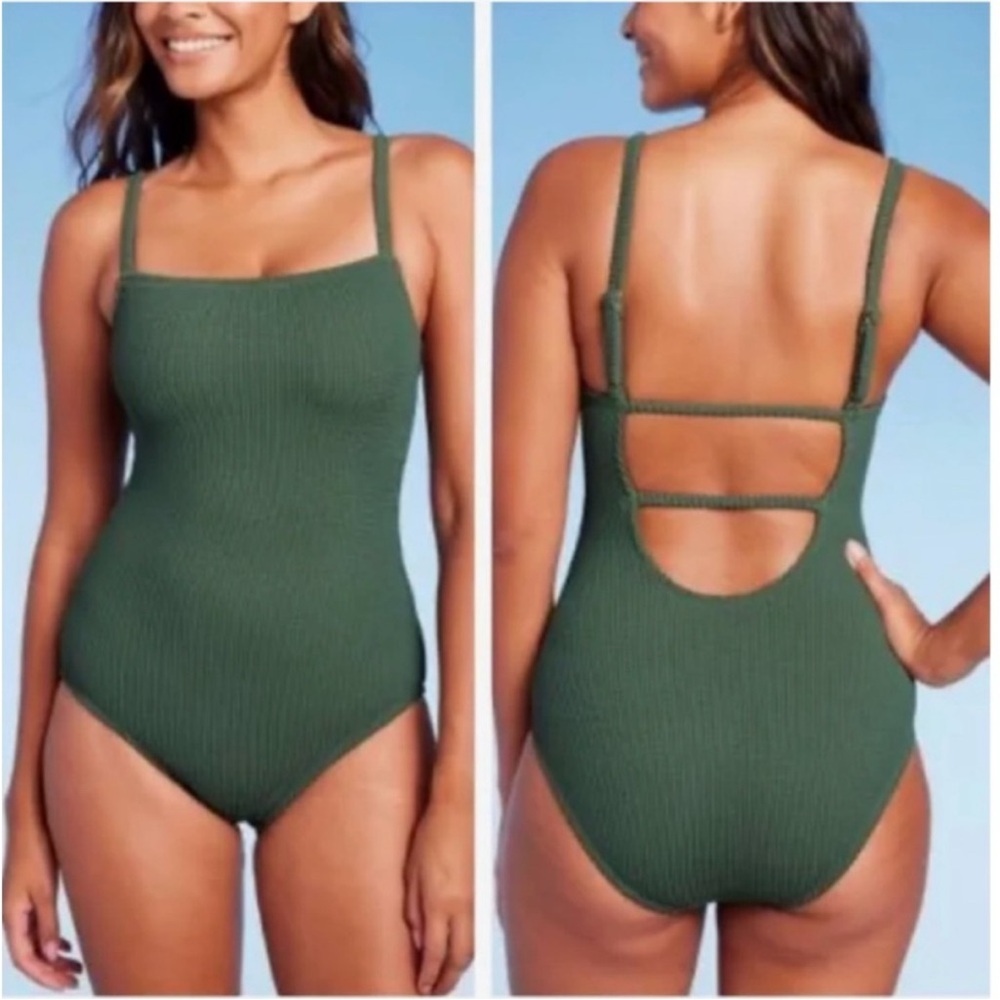 Kona Sol Olive Green Textured One Piece Swimsuit NWT
